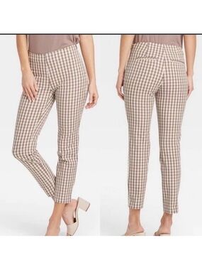 A New Day New Gingham Plaid Brown White Ankle PullOn Slim Pant Women’s Size 6